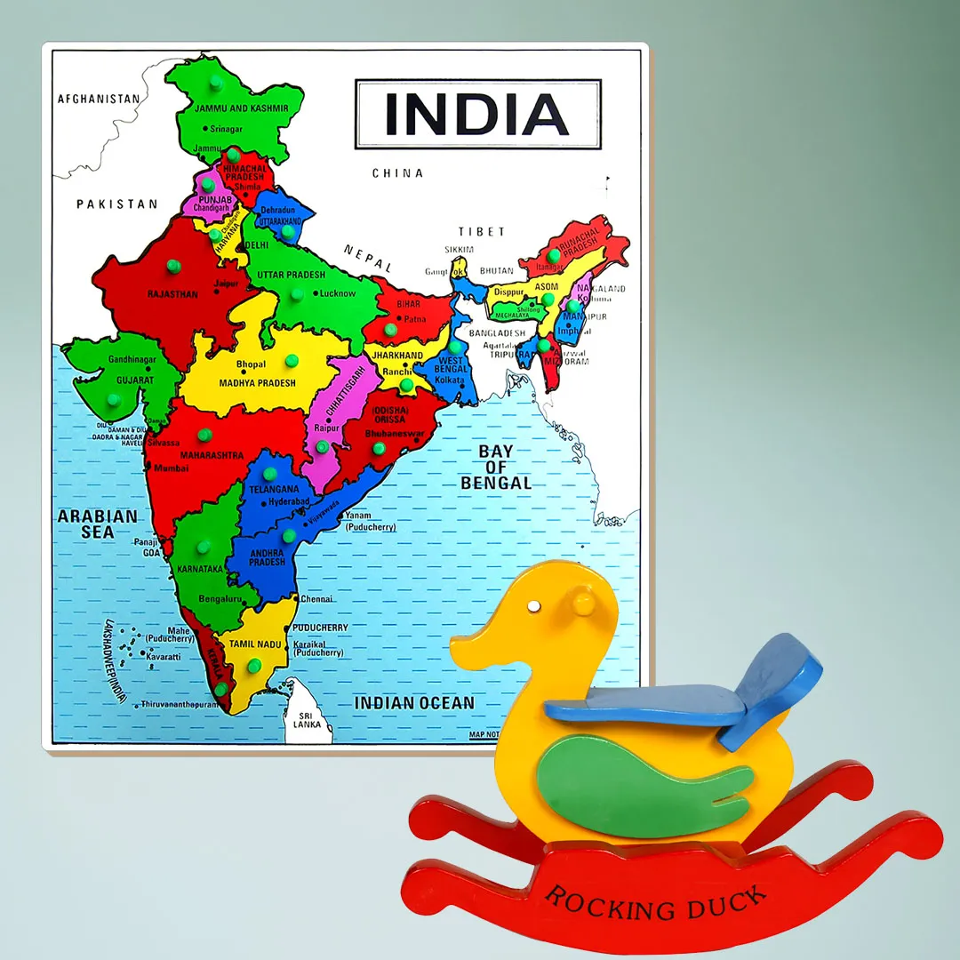 A wooden duck with a map of India on a green gradient background.