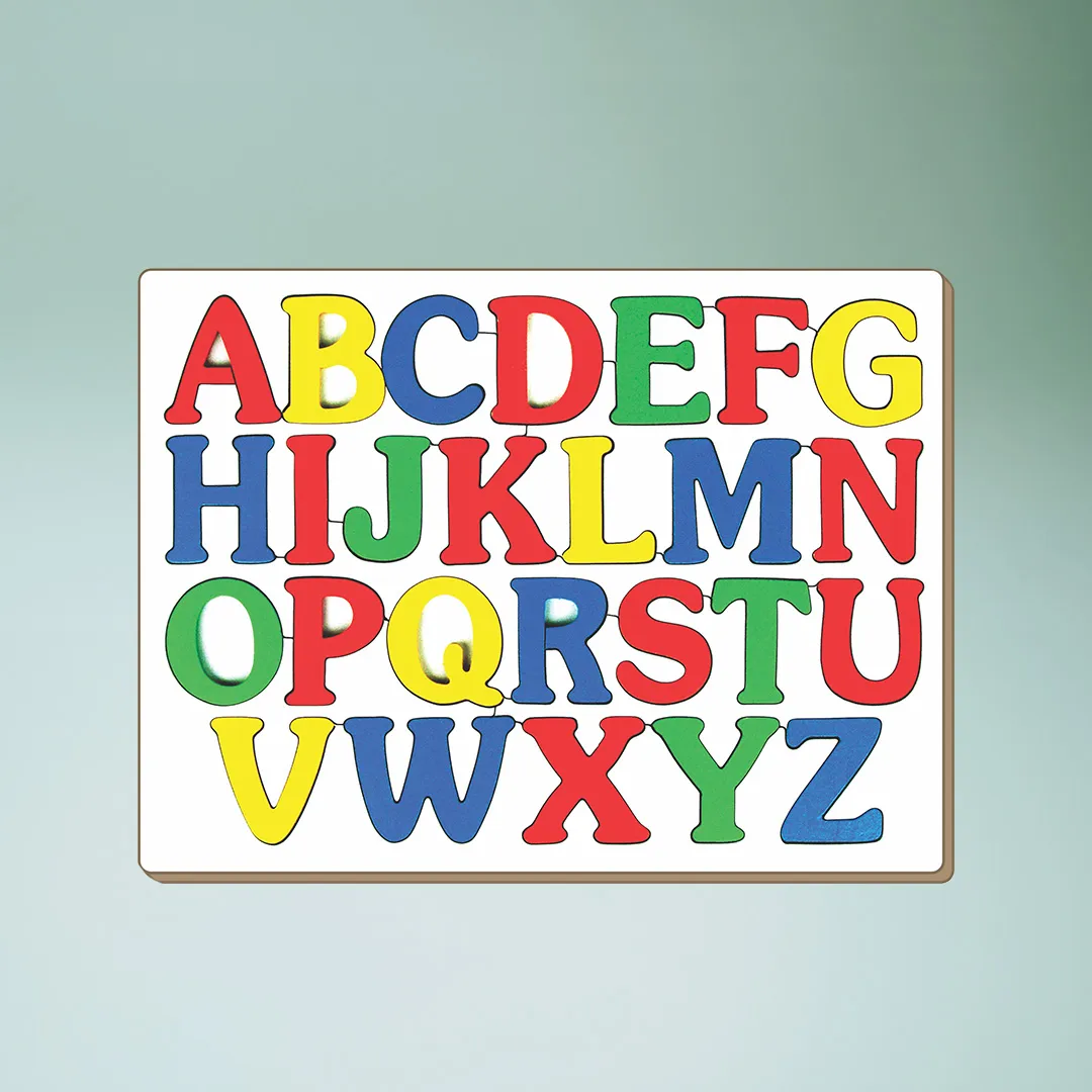 A wooden alphabet puzzle with vibrant letters, providing a fun and educational activity for children.