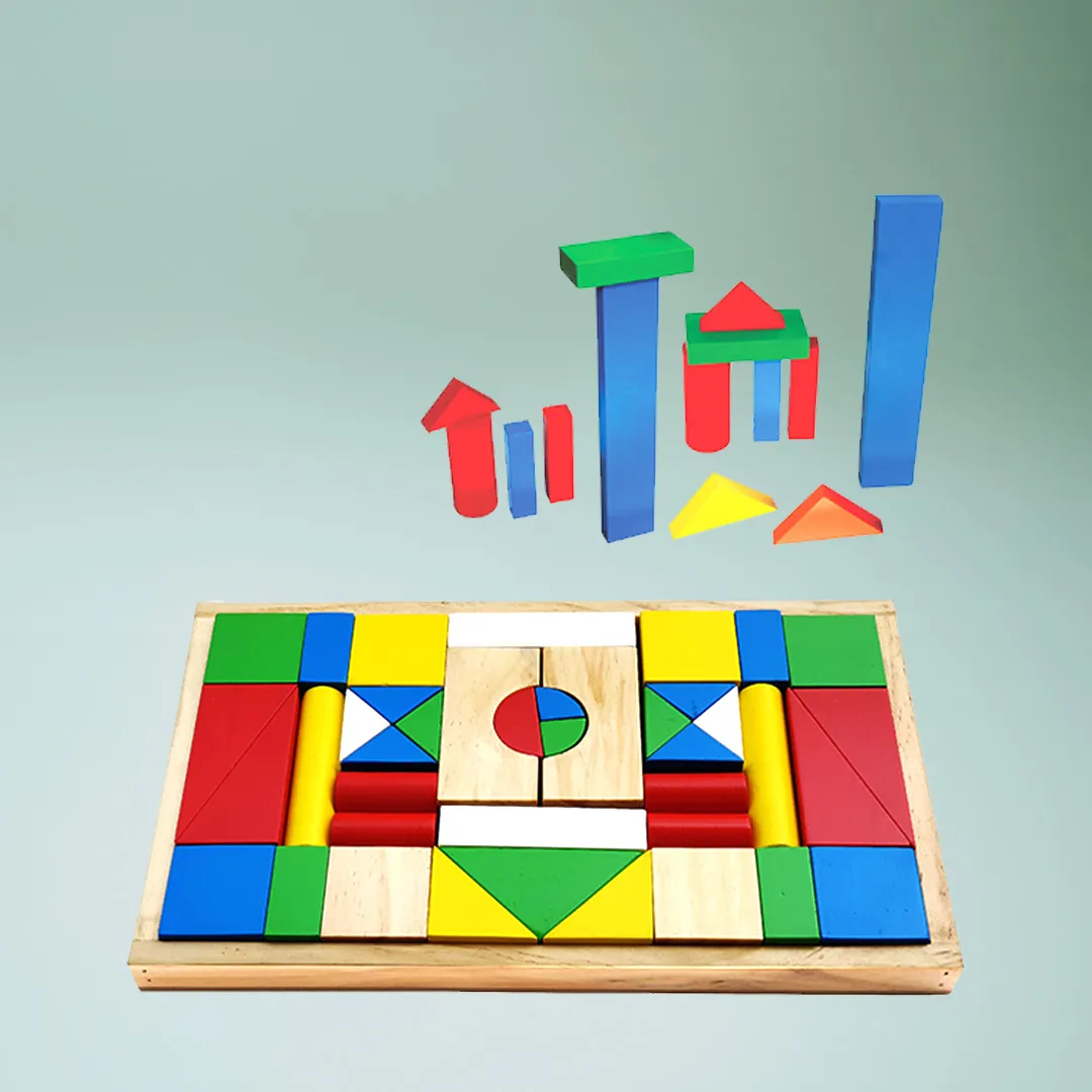 Wooden Building Blocks on green gradient background.