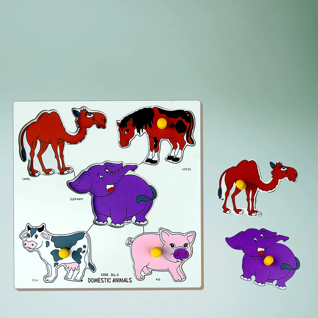 A collection of wooden animal puzzles, including a camel.