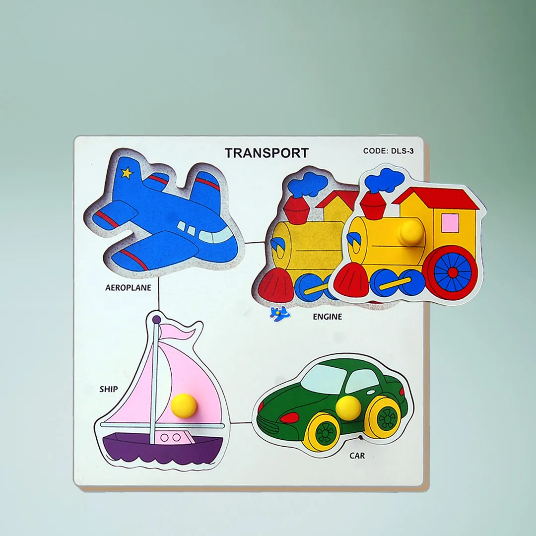 Transportation-themed puzzle featuring a car, plane, boat, and train.