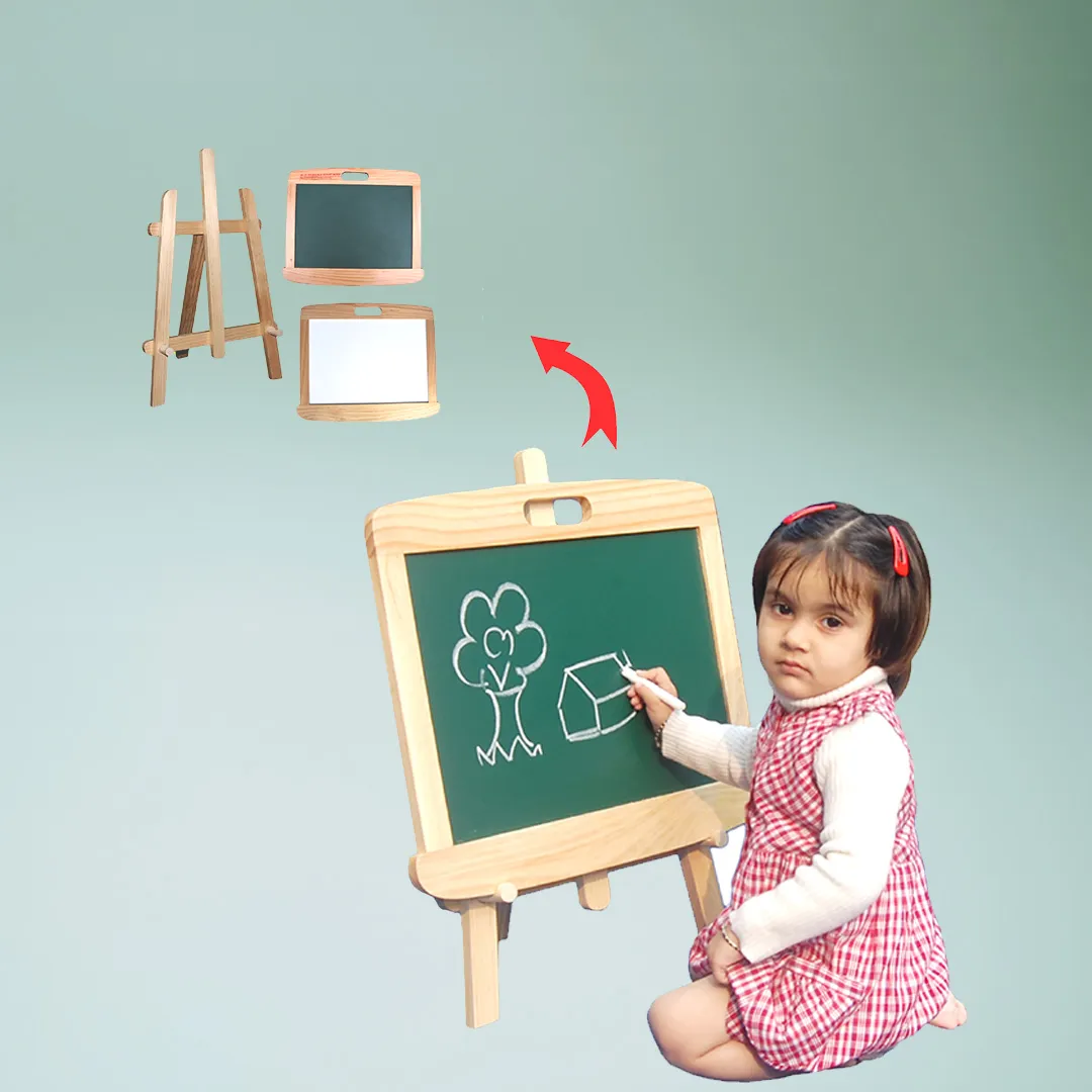 A young girl joyfully drawing on a wooden chalkboard, showcasing her creativity and imagination.