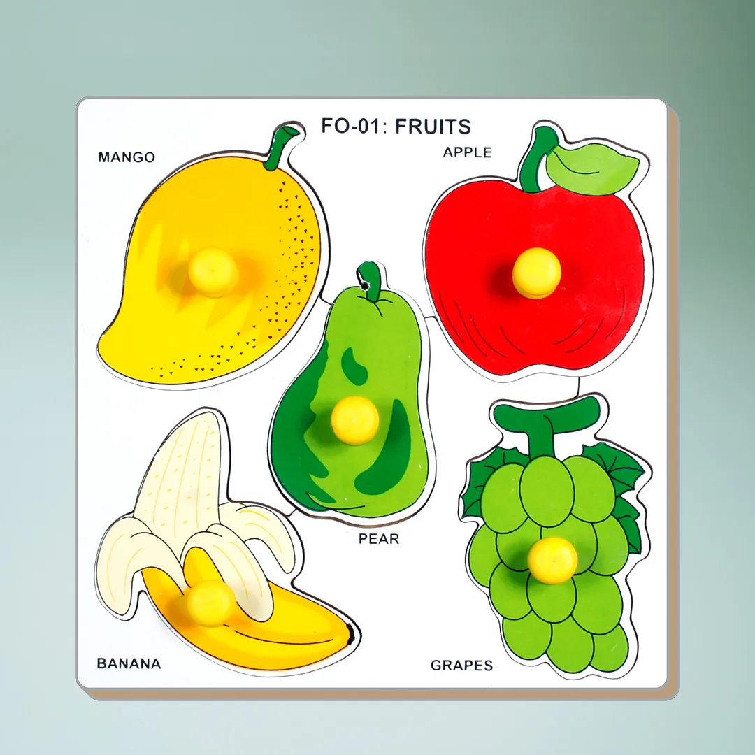 A wooden puzzle board with fruit shapes, perfect for developing problem-solving skills and learning about different fruits.