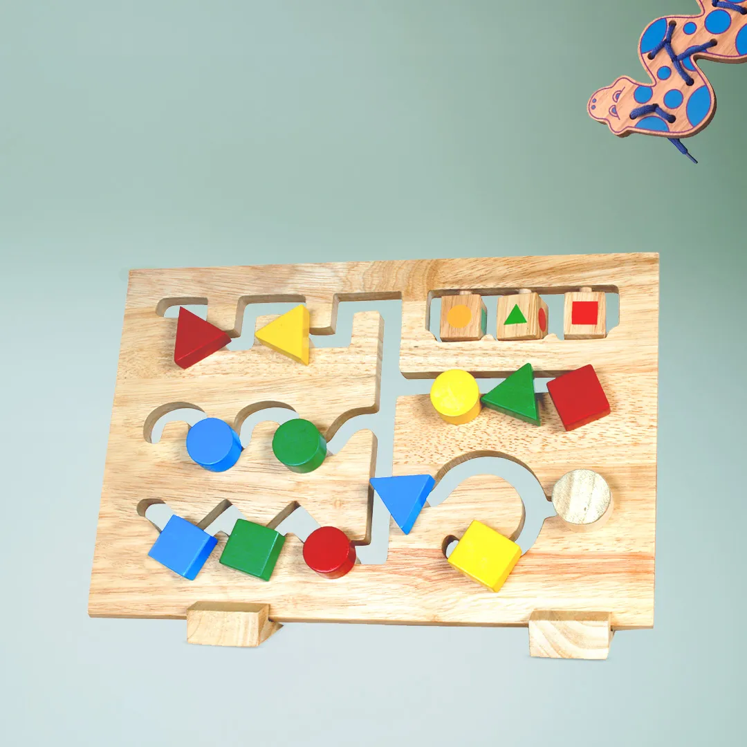A wooden puzzle board with vibrant shapes, providing a fun and engaging activity for all ages.