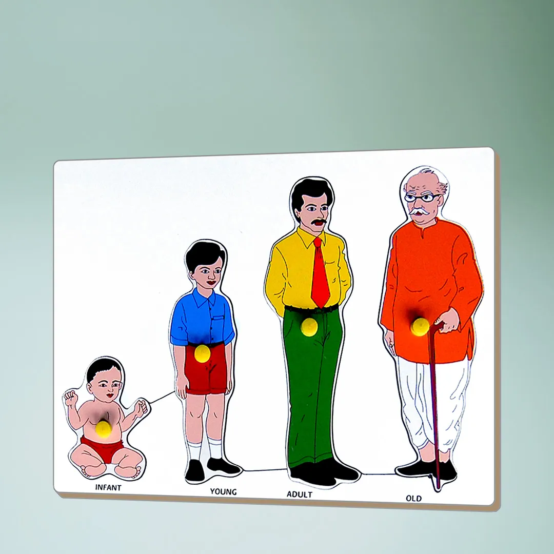 A wooden board puzzle depicting the life cycle of a family, from infancy to old age.