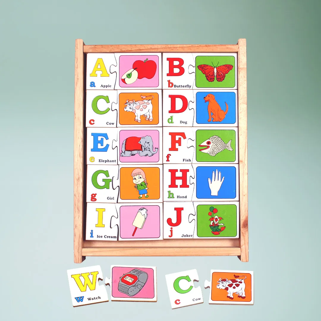 A wooden puzzle with letters - numbers with pictures, providing a fun and educational activity for children and adults alike.