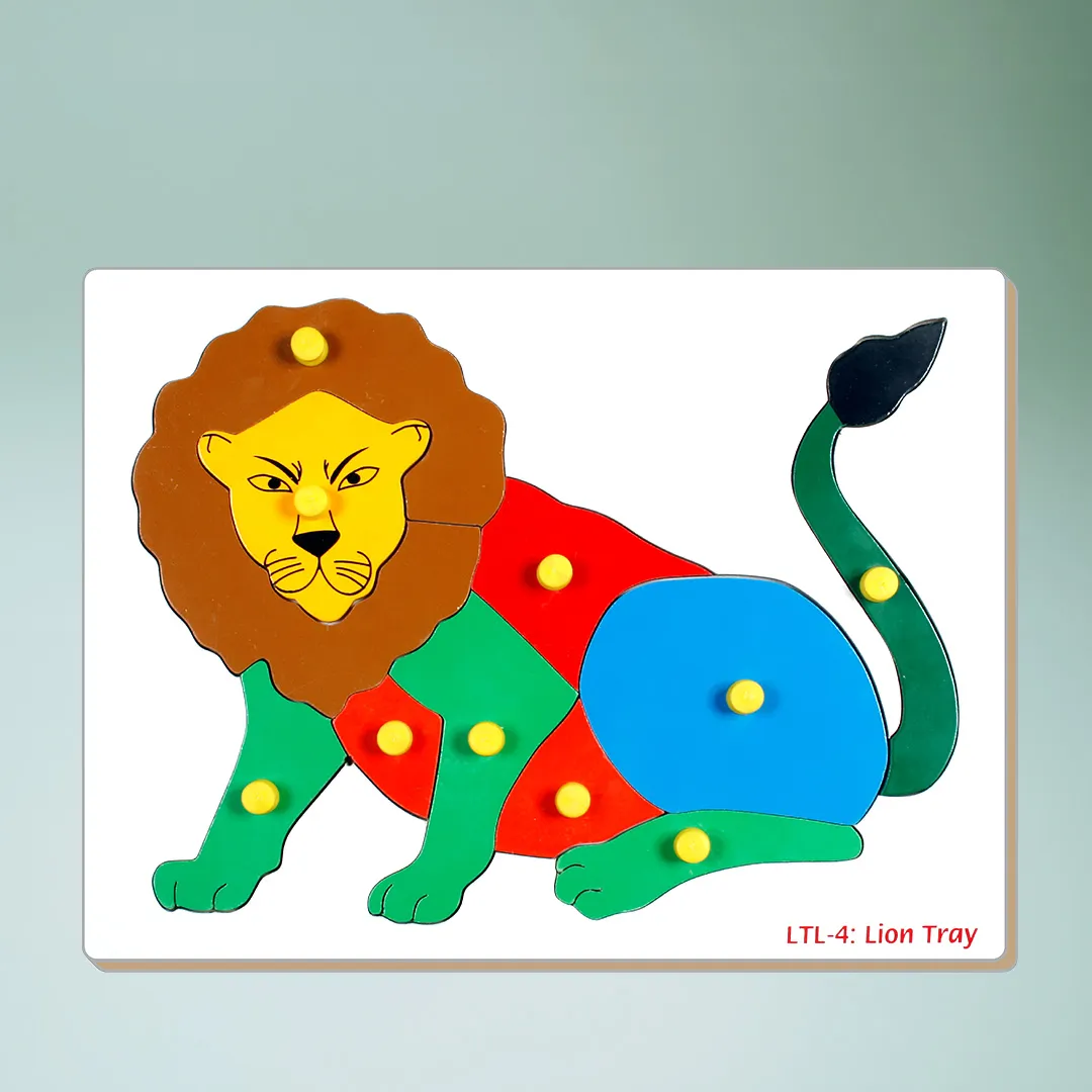 A wooden puzzle board with a majestic lion on it, ready to be solved and admired.