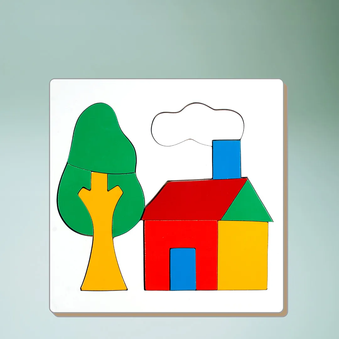 Wooden puzzle of a vibrant house and tree surrounded by nature's beauty.
