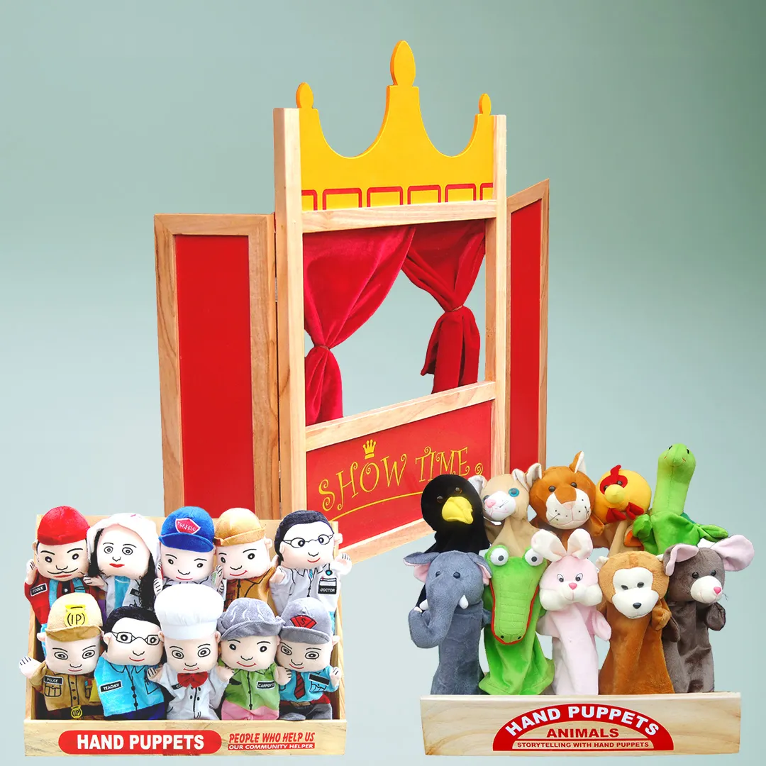 A wooden stage adorned with stuffed animals and a crown, creating a whimsical and playful atmosphere.