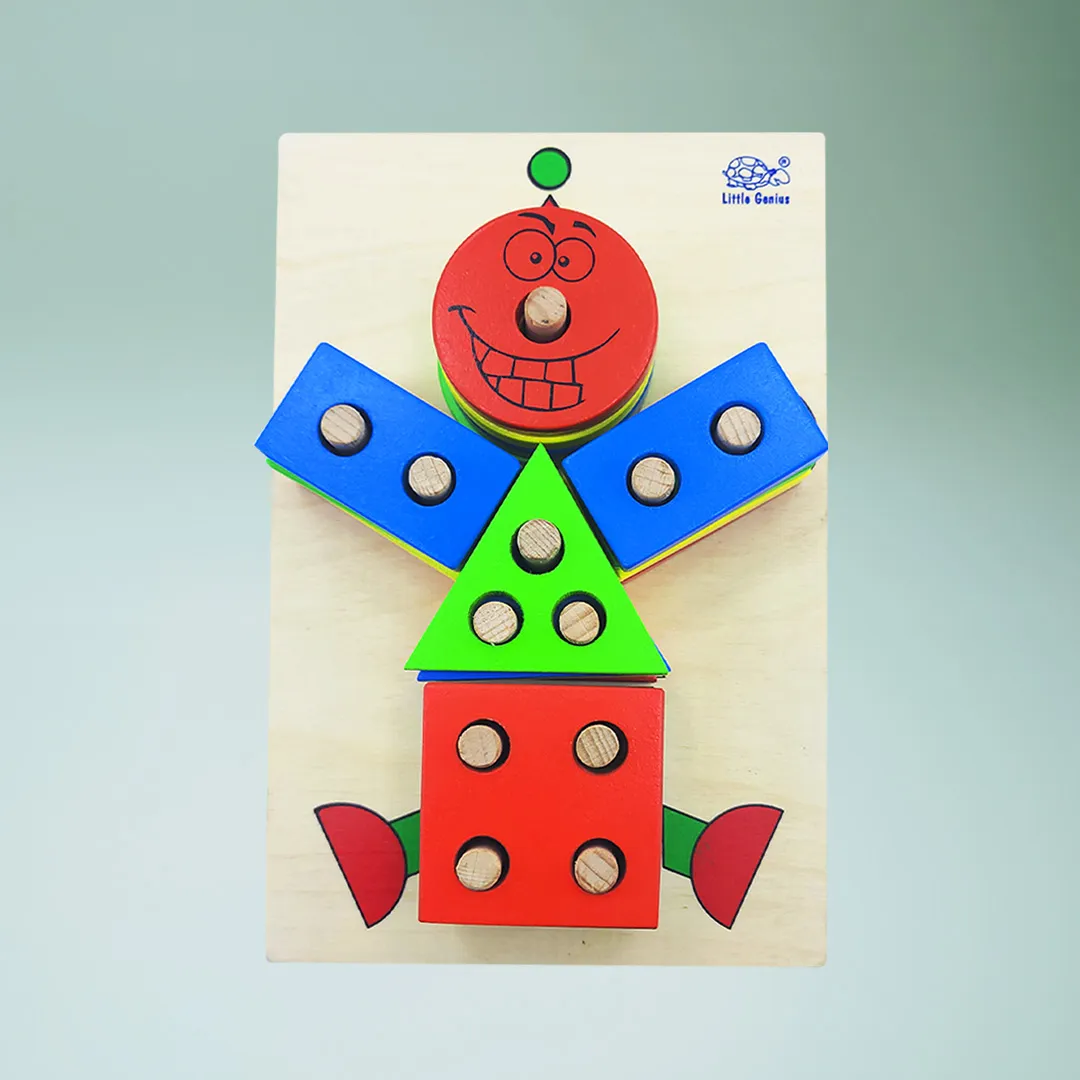 Wooden Clown on green gradient background.