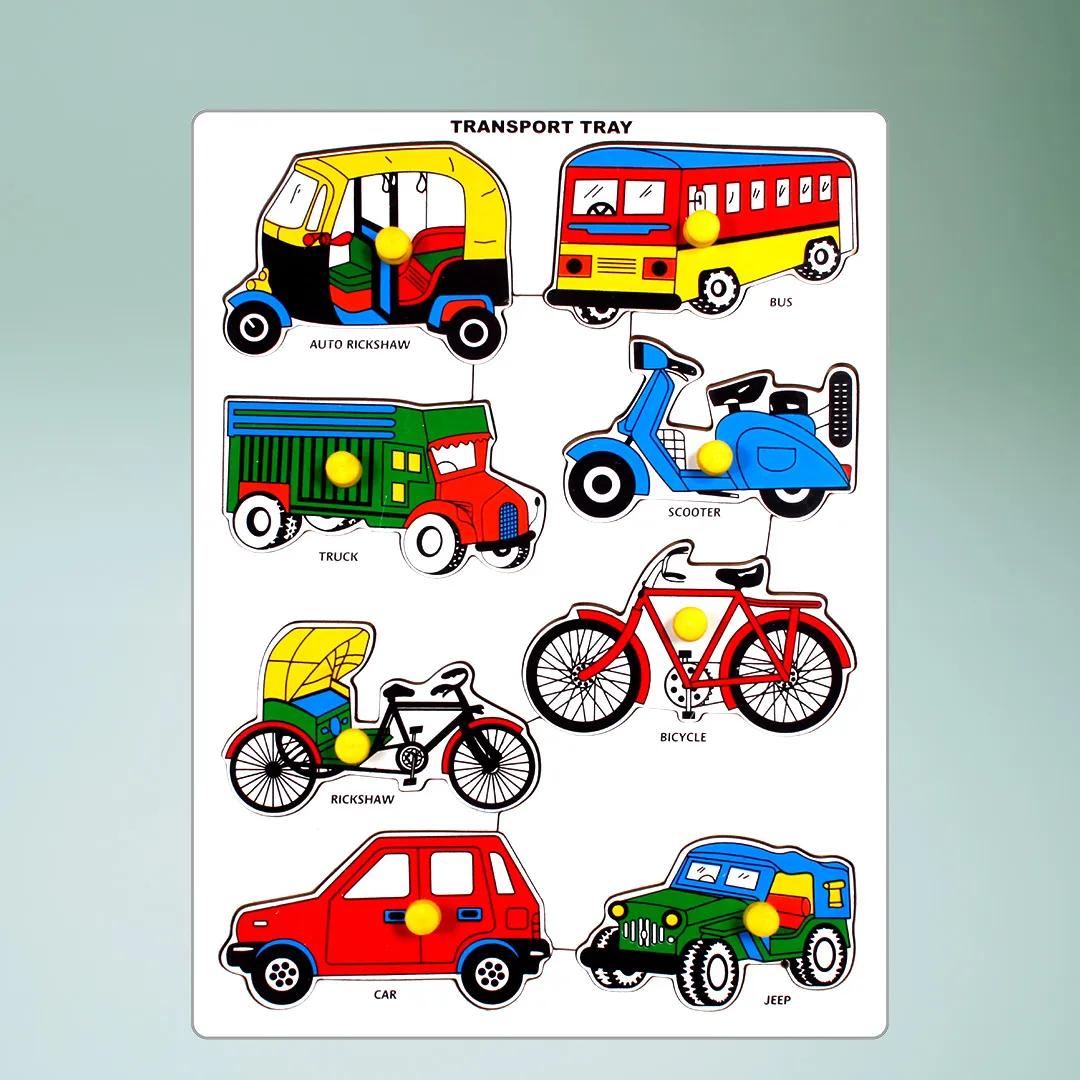 Wooden puzzle featuring vehicles like car, truck, bus perfect for kids to learn and play.