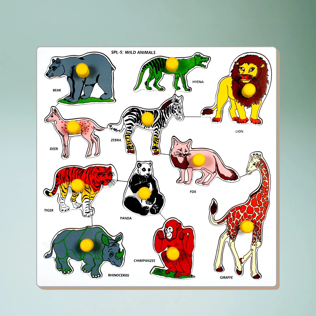 Wooden puzzle featuring animals like lion, giraffe, and elephant, perfect for kids to learn and play.